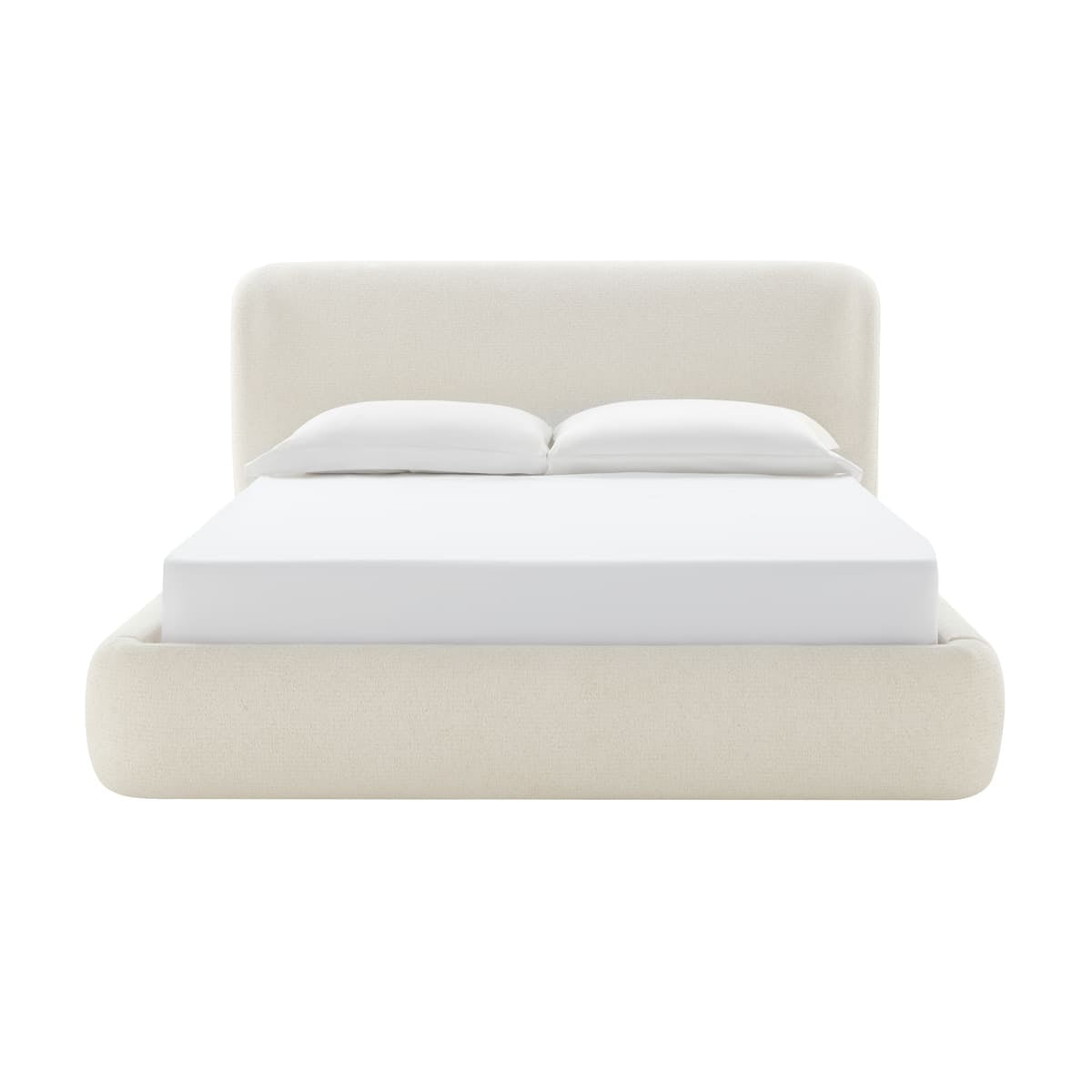 King Size Bed Frame with Wingback Headboard, Platform Upholstered in Performance Fabric, Free Assembly - Boho, Modern Style - Rounded Corners, Non-Slip, Low-Profile, Bedroom, Curved (Cream, King)