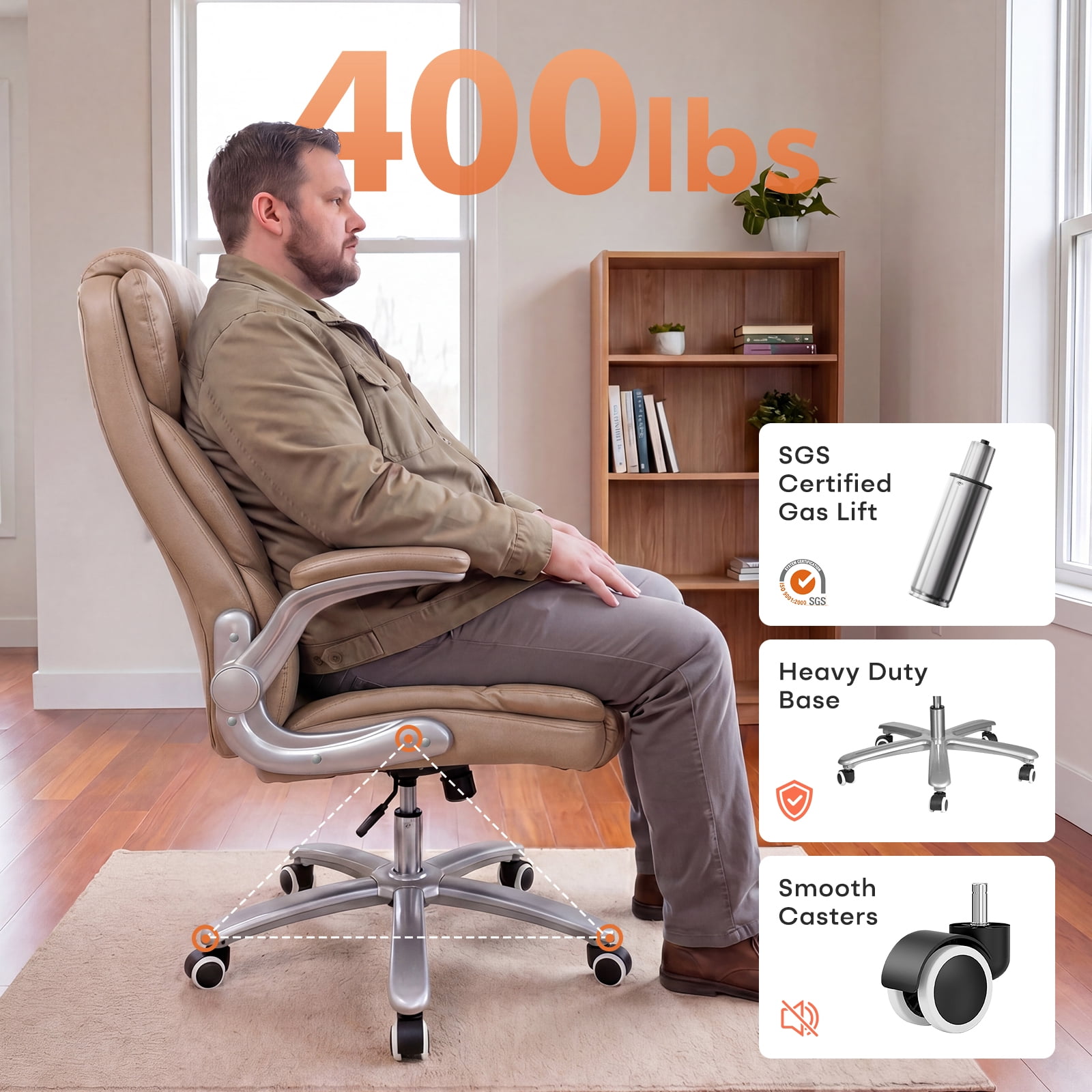 iooHug Big and Tall Office Chair 400lbs, Ergonomic Desk Chair with Lumbar Support, Flip-Up Arms, Faux Leather High Back Computer Chair for Home Office, Brown
