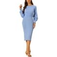 thumbnail image 2 of INSPIRE CHIC Robe pour Femme en Tricot à Col Rond Manches Lanterne 3/4 Ceinturée Ourlet Plissé Robes TP Bleu Brume, 2 of 6