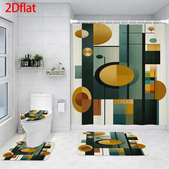 Unbranded Contemporary 4-Piece Polyester Bathroom Linen & Accessory Set with Shower Curtain, Bath Mat, Contour Rug, Toilet Lid Cover, Hooks