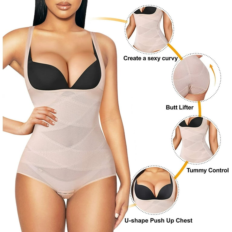 Irisnaya Shapewear Bodysuit for Women Waist Trainer Tummy Control Slimming Body  Shaper Butt Lifter Sexy Bodysuits Open Bust Panty Girdle(Beige Medium) 