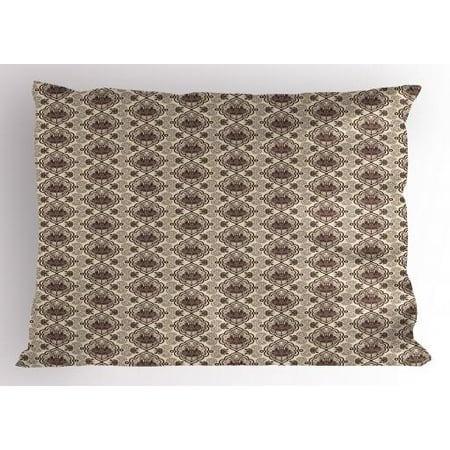 Abstract Damask Pearl - Damask Pillow Sham Abstract Flourish Curvy Frames and Swirly Motifs Exotic Lotus Ornament, Decorative Standard Size Printed Pillowcase, 26 X 20 Inches, Chesnut Brown and Beige, by Ambesonne