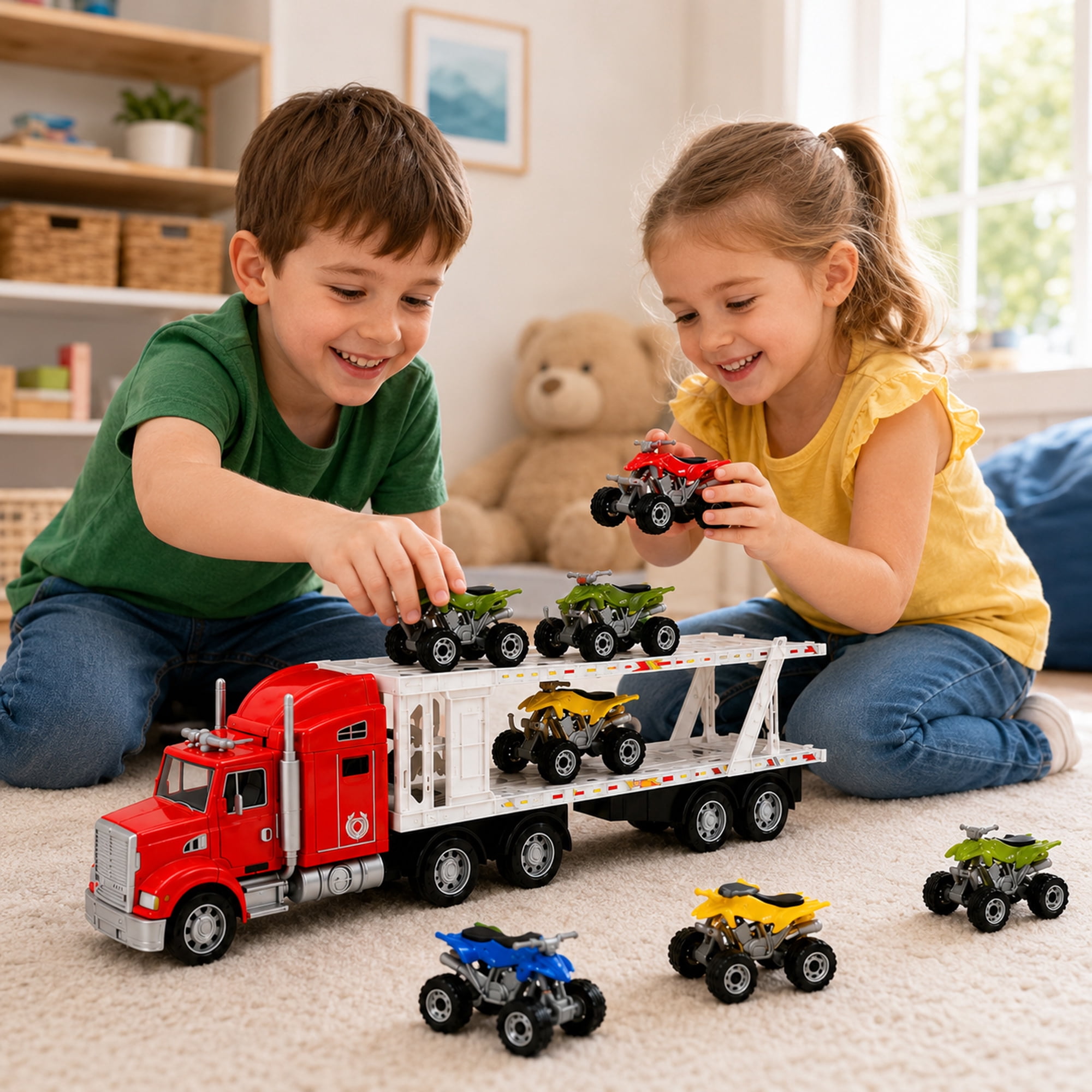 9-Piece Mini Vehicle Carrier Truck Playset, Double-Deck Toy Transport Truck with 8 Mini Vehicles, Friction Powered Semi Truck Toy, No Batteries Required, Gift for Kids Ages 3+