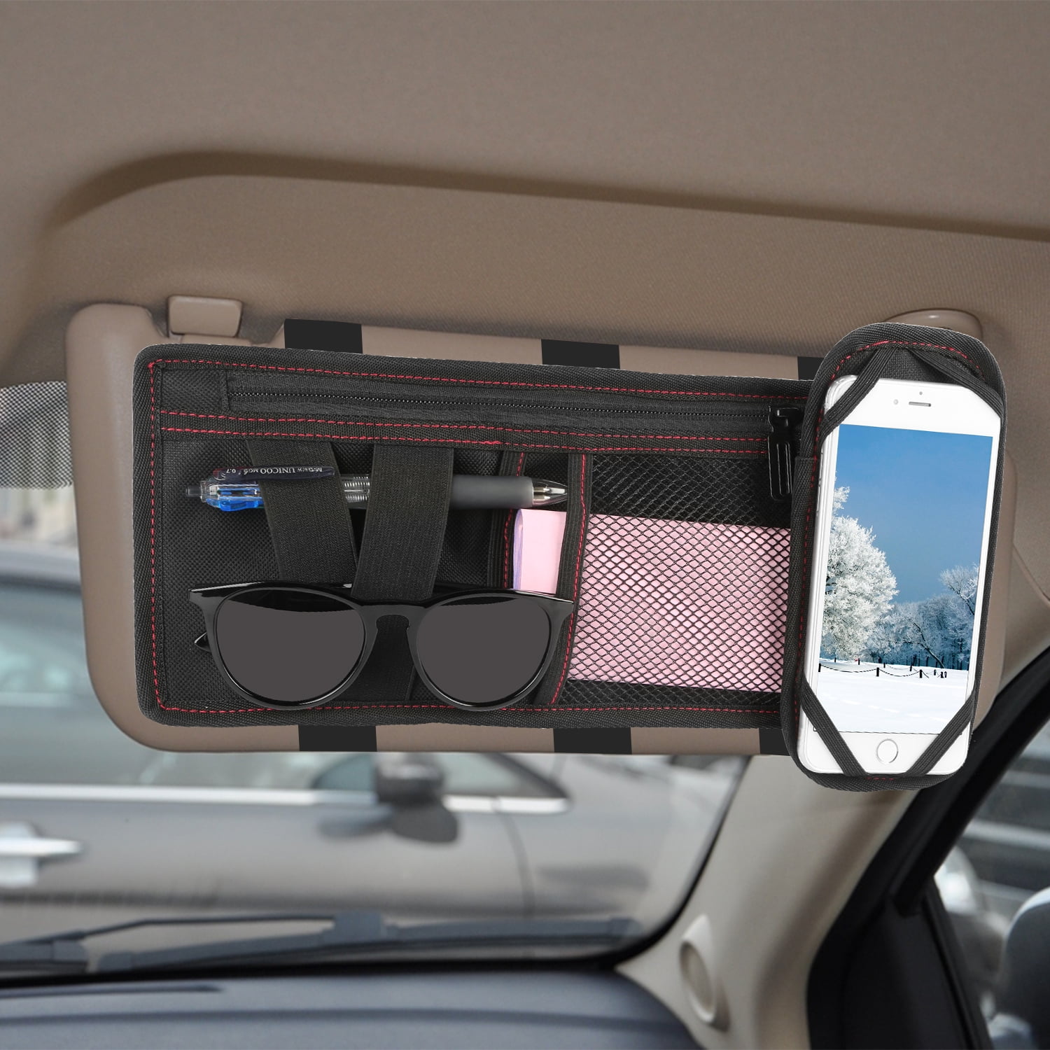 CAR Sun Visor Organizer All Vehicles Black Zippered Cel Phone Tablet Holder 