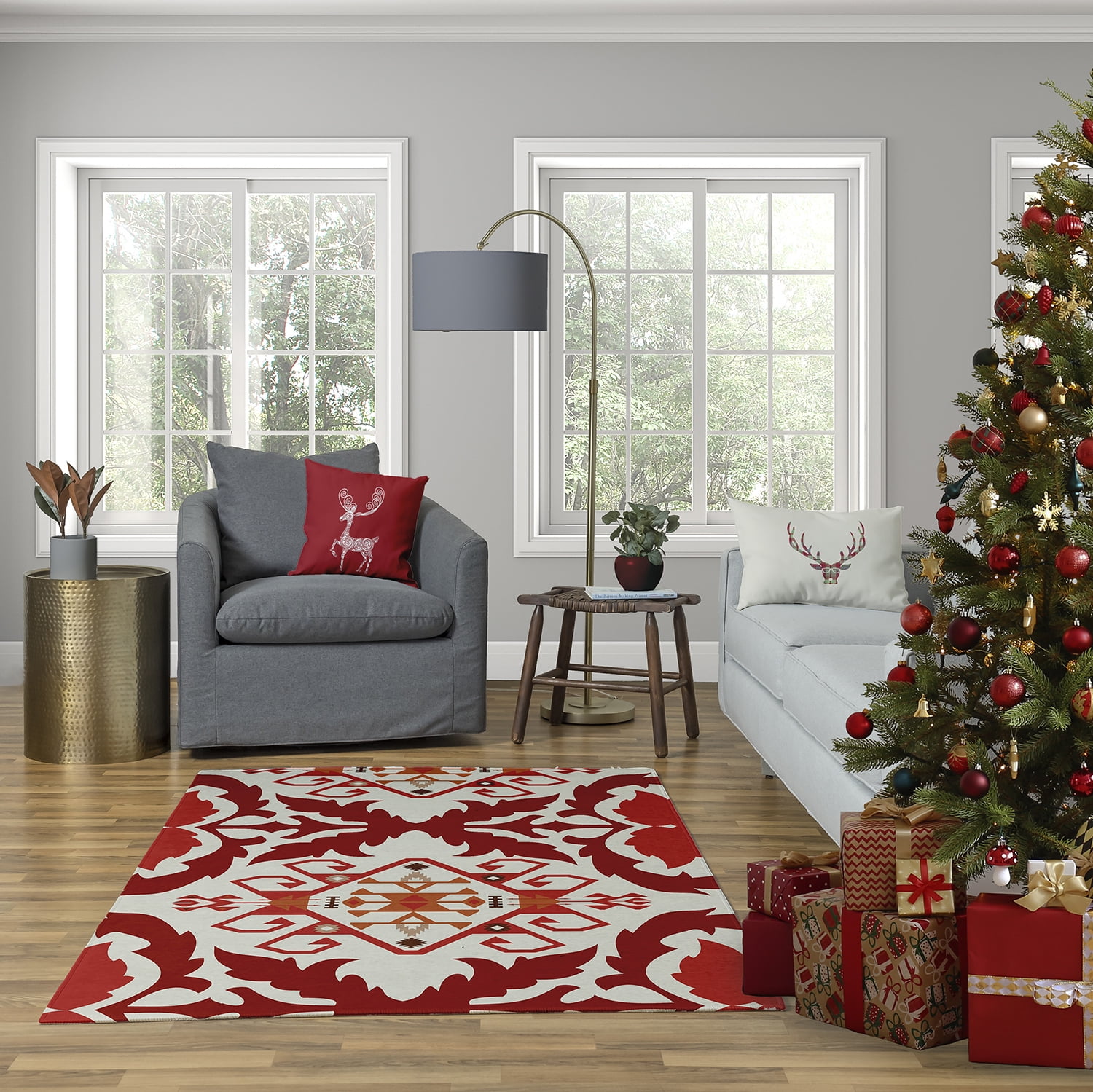 16" x 16" Simply Daisy Fancy Holiday Reindeer Polyester Accent Pillow, Muted Red (1 Count)