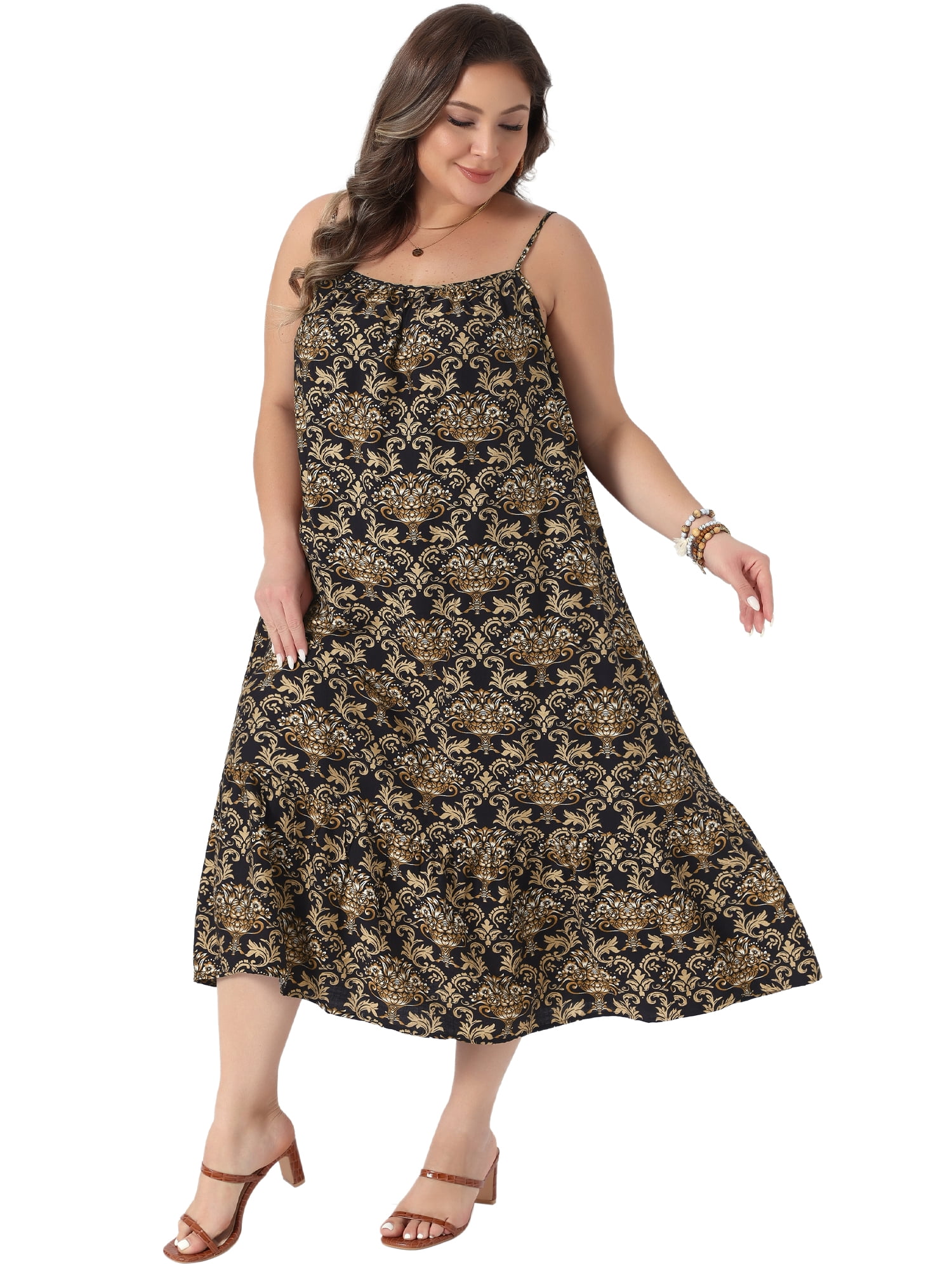 DARING DIVA Women's Plus Summer Spaghetti Strap Boho Print Midi Dress 2X Black