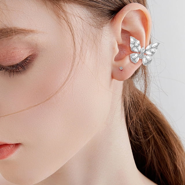 HOOWIFFY 1Pair Trendy Butterfly Clip Earrings Rhinestone Ear Cuffs Alloy Small Statement