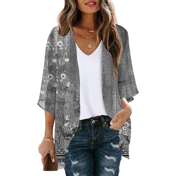 Puntoco Abrigo Cárdigan De Manga Abullonada Con Estampado Floral Para Mujer Blusa Suelta De Gasa Para Cubrir Blusas Informales Liquidación Puntoco Puntoco-1