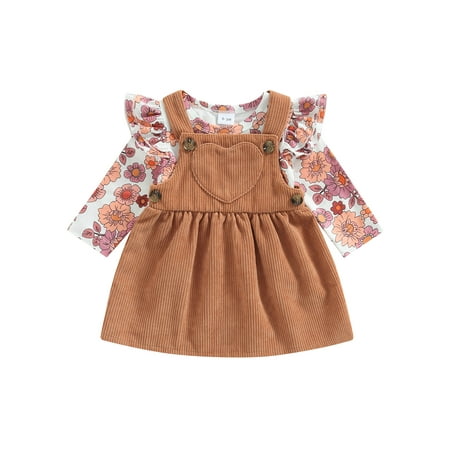 

Infant Baby Girl Clothes Ruffle Long Sleeve Floral Print Romper Tops Suspender Skirt Set