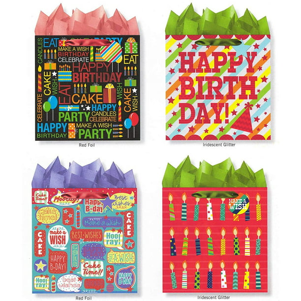Pack of 4 Large Happy Birthday Gift Bags. Assortment of Foil and ...