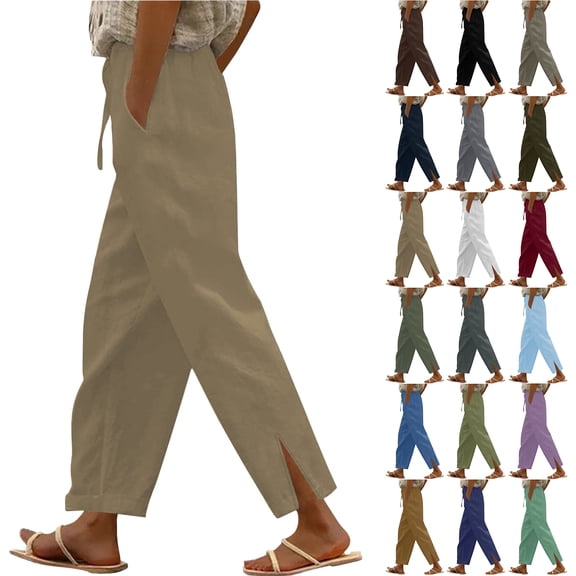 Bloomae Linen Pants for Women High Waist Elastic Drawstring Comfy Lounge Trousers Trendy Casual Lightweight Side Split Summer Beach Pants with Pockets Red XXXL
