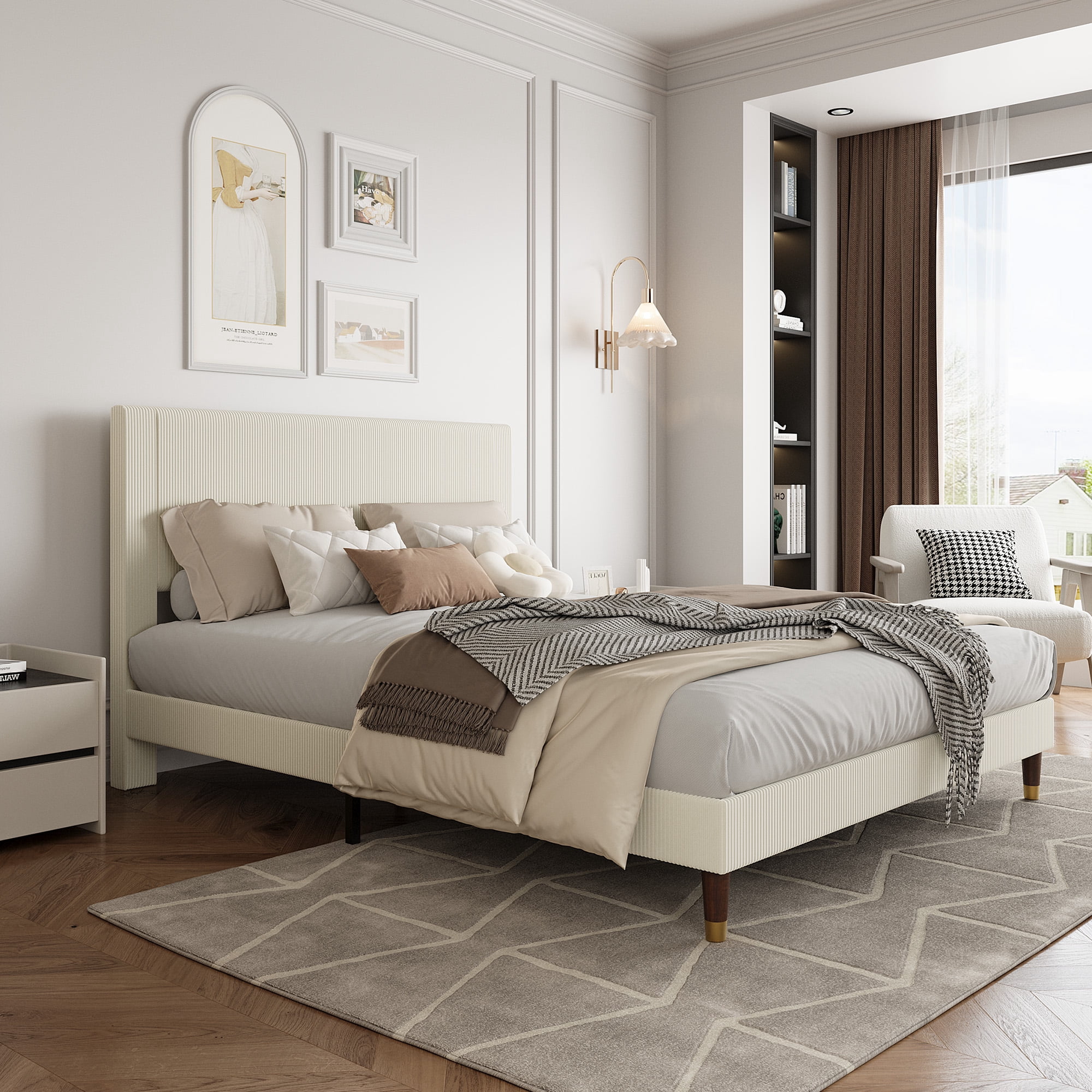 Noise-Free Platform Bed, Queen - Corduroy Upholstered Headboard & Wood Slat Support, Modern Low Profile Design