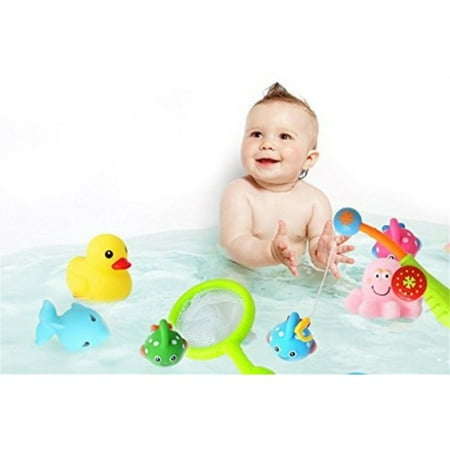 Bblike Bath Toy Fishing Game With Cute Spotted Floating Fish And Net With Rod Bpa Free For Baby Bathtub Fun Bright Color Toy Cute Animals 8pcs