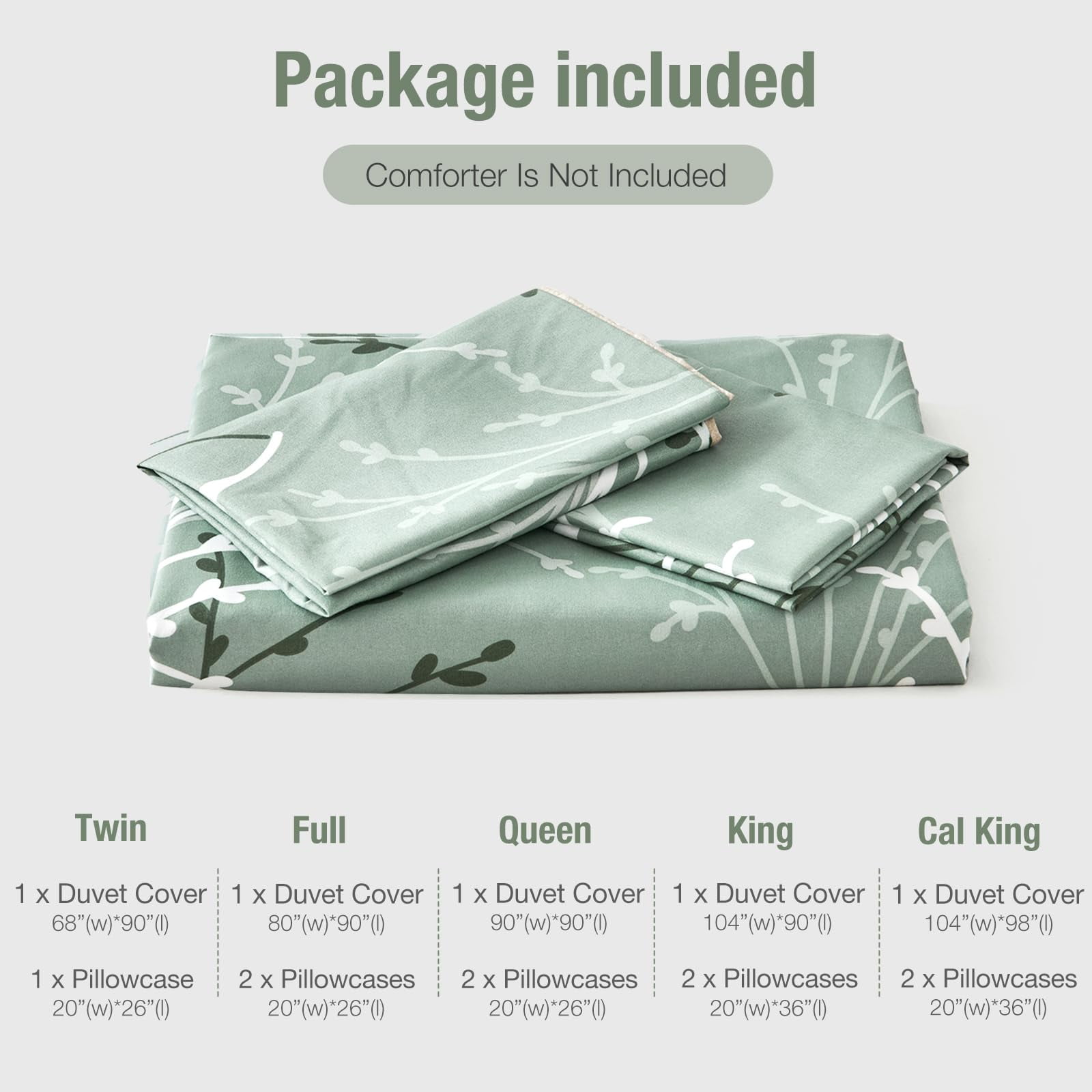 Leke Green Duvet Cover Queen Size, Reversible Floral Queen Comforter Cover with Branch Pattern, Soft 100% Washed Microfiber 3 Pieces Green Bedding Set with Zipper and 2 Pillowcases 20"x26"
