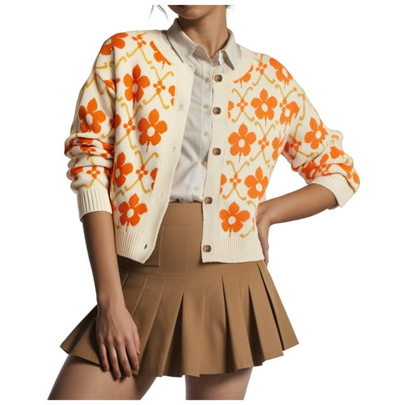 GEWSEY Women Floral Cardigan Sweater Open Front Long Sleeve Button Down Knit Sweater Vintage Outerwear (Orange, S)