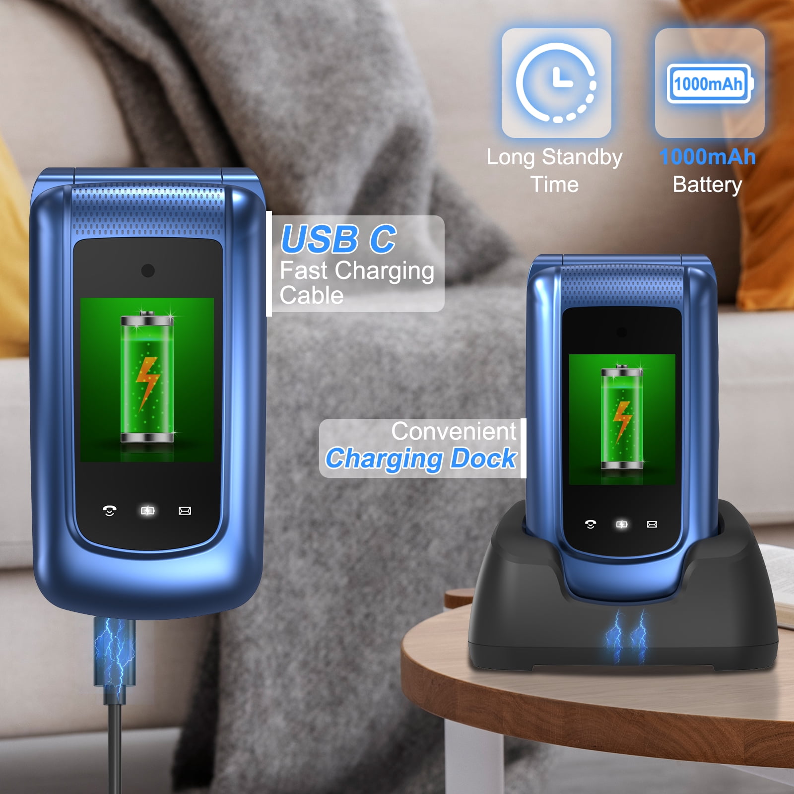 Flip SOS Mobile Phone Elderly Kids (Blue) -Medihill®