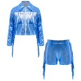 thumbnail image 4 of Doomiva Kids Girls Long Sleeve Shiny Fringe Crop Jacket Top and Metallic Tassel Shorts Sparkly Dance Streetwear Blue 6, 4 of 6