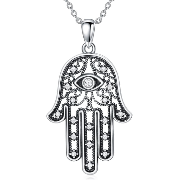 JKR Hamsa Necklace for Women 925 Sterling Silver Evil Eye Pendant Hand of Fatima Necklace Mano De Fatima Jewelry, Valentines Day Gifts for Wife Birthday Mom Mother Grandma
