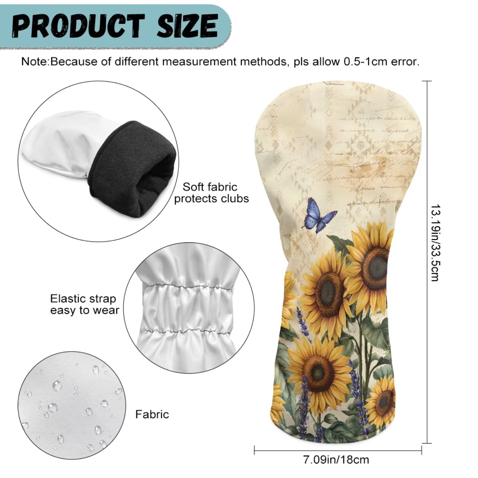 Uorisanigo Golf Club Head Covers for Drivers Fairway Woods Hybrids - Premium PU Leather Blue Butterfly Sunflower Golf Club Headcovers - 3 Piece Set for Men and Women