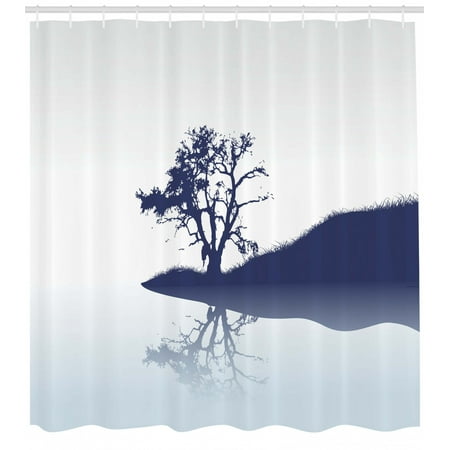 Shower Curtains Trees Nature Nature Shower Curtain, Silhouette of Lonely Tree by Lake with Mirror Effects Melancholy Illustration, Fabric Bathroom Set with Hooks, Indigo Baby Blue, by Ambesonne ()