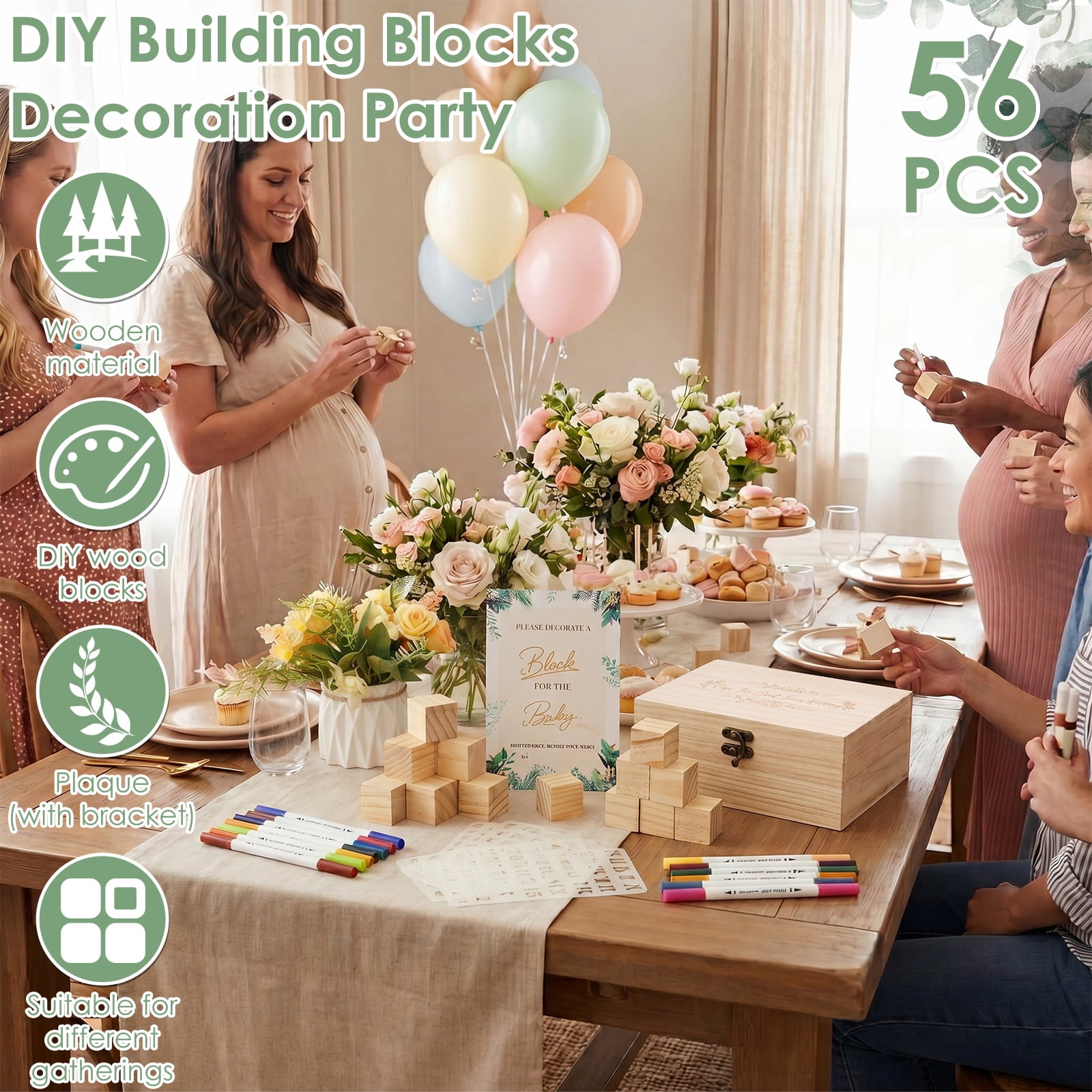 Threns 85Pcs Baby Shower Games Sign Kit, Baby Shower Blocks Game Set with Wooden Box, Acrylic Markers, Wooden Sign for Baby Shower Games, Gender Reveal and Decorations (GreenLeaves)