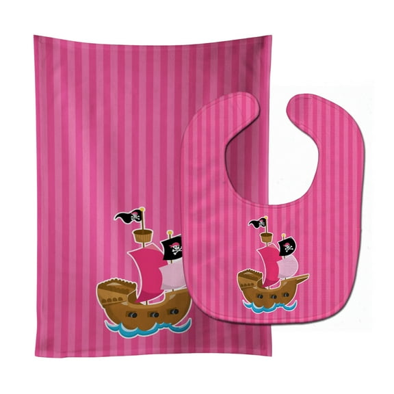 Pirate Ship Pink Baby Bib and Burp Cloth