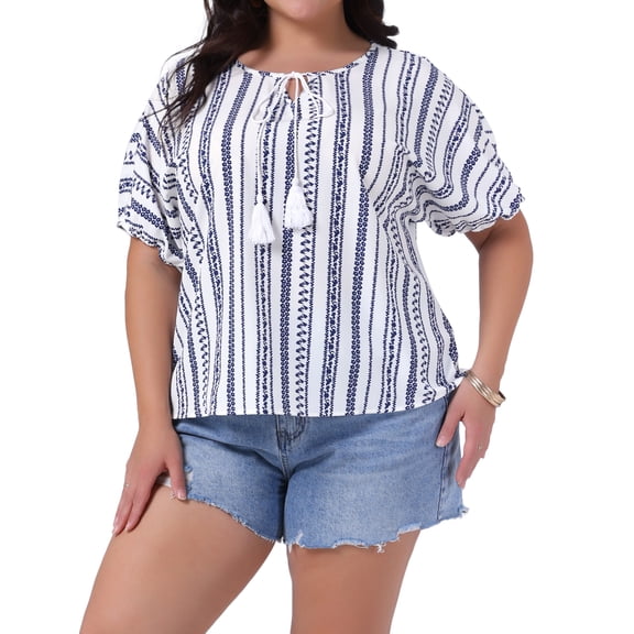 DARING DIVA Women's Plus Boho Tops Floral Tied V Neck Blouse Shirts 1X White