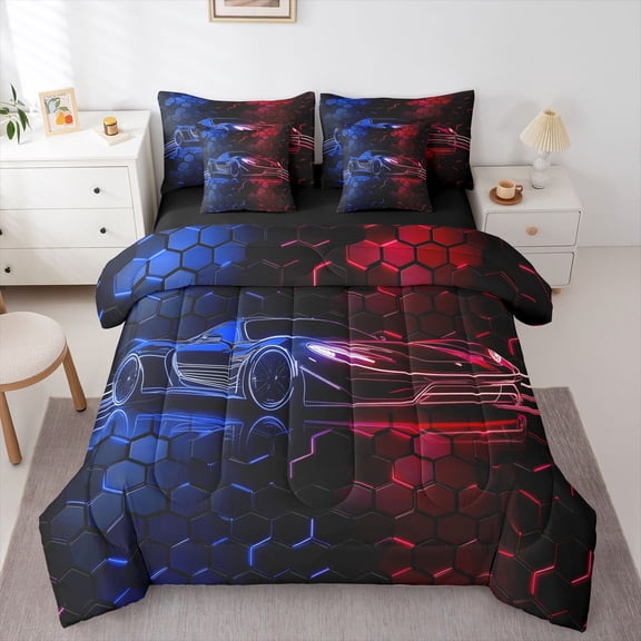 Manfei Racing Car 7-Piece Twin Bedding,Abstract Geometric Hexagonal Pattern Bedding Comforter Set,Red Blue,Black Reversible