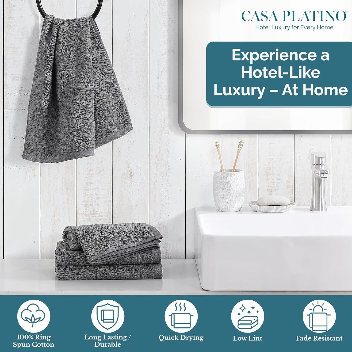 JJEAN-CASA PLATINO Hand Towels for Bathroom - 4 Pack (16"x28"), 100% Cotton Face Towel Set - Soft, Fade & Shrink Resistant - Hotel & Spa Inspired Hand Towels for Bathroom for Modern Family Homes - Co