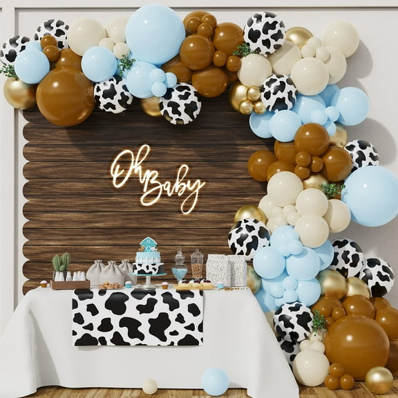 BALONAR 135Pcs Cow Boy Blue Balloons KKS1 Arch Garland Kit with 18/10/5inch Sand White Coffee Cow Print Farm Animal Gold Balloons for Boy Birthday Party Baby Shower Birthday Supplies (Blue)