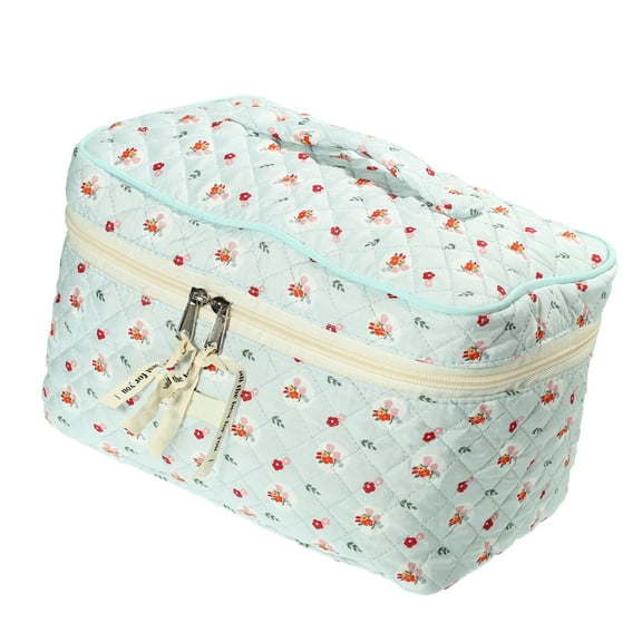 Unique Bargains 1Pc Cotton Makeup Bag Large Travel Cosmetic Bag Aesthetic Cute Floral Pattern Makeup Bag for Women Blue