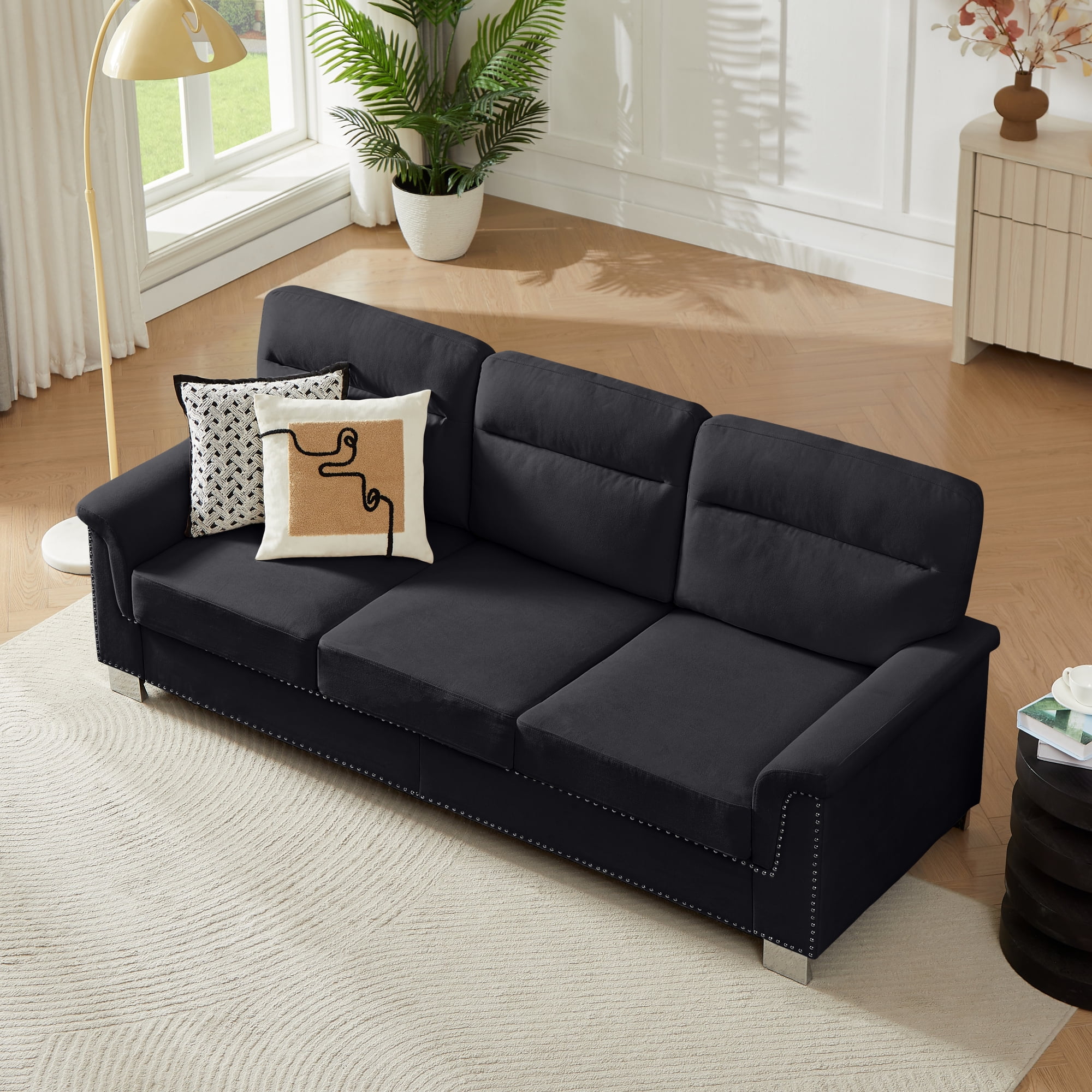 Leumius 82" Velvet Sofa, 3 Seater Couch, Mid Century Modern Couches with Metal Legs for Living Room & Bedroom,Black