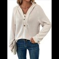 thumbnail image 2 of Sudadera con Capucha de Larga de Punto Gofre para Mujer, con Cordón, Botones, Cuello en V, Informal, con Capucha. XS, 2 of 9