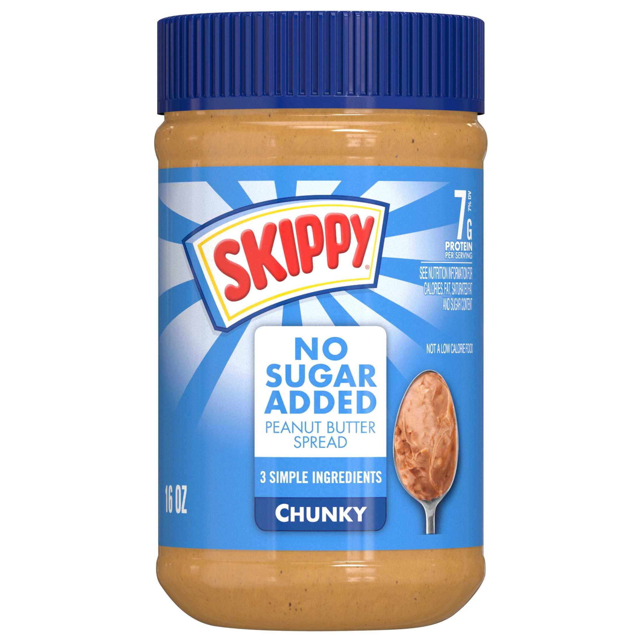 (4 pack) SKIPPY Chunky Peanut Butter Spread No Sugar Added, 7 g Protein Per Serving, Shelf-Stable, 16 oz Plastic Jar