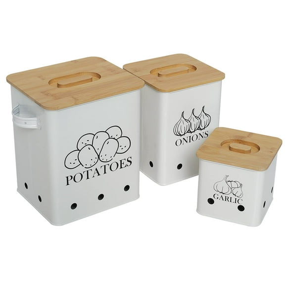 Gdfjiy Kitchen Canisters Set, Storage Bin for Potato Onion & Garlic, 3 Pack Set Countertop Pots Containers with Wooden Lid - Potato Storage, Garlic Bin, Onion Keeper Ti