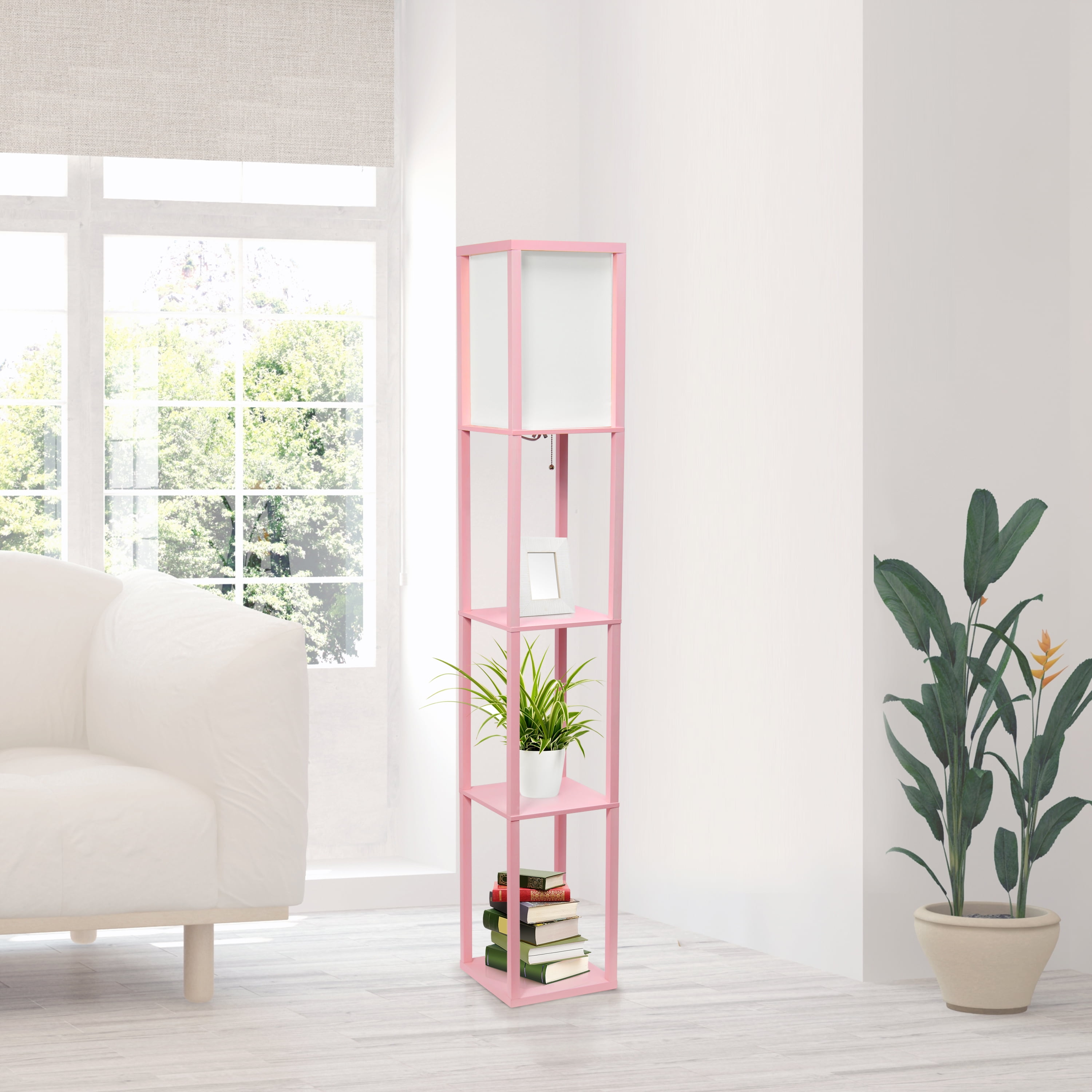 Lalia Home 62.5" 3-Shelf Column Storage Floor Lamp with Linen Shade & LED Bulb, Light Pink