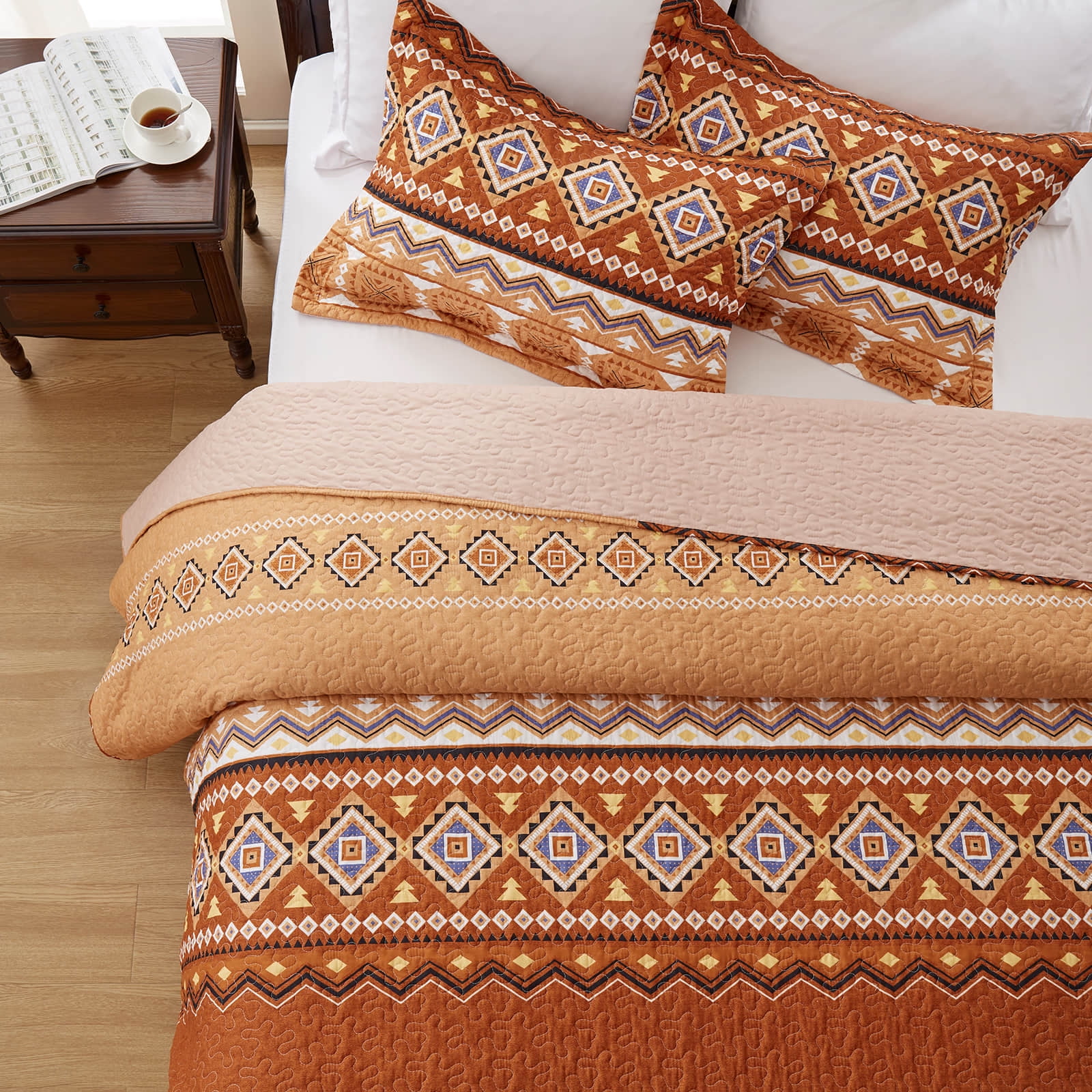 2-Piece Twin Size Quilt Set - Orange Rust Bohemian Bedspread Coverlet with 1 Pillow Sham, Microfiber