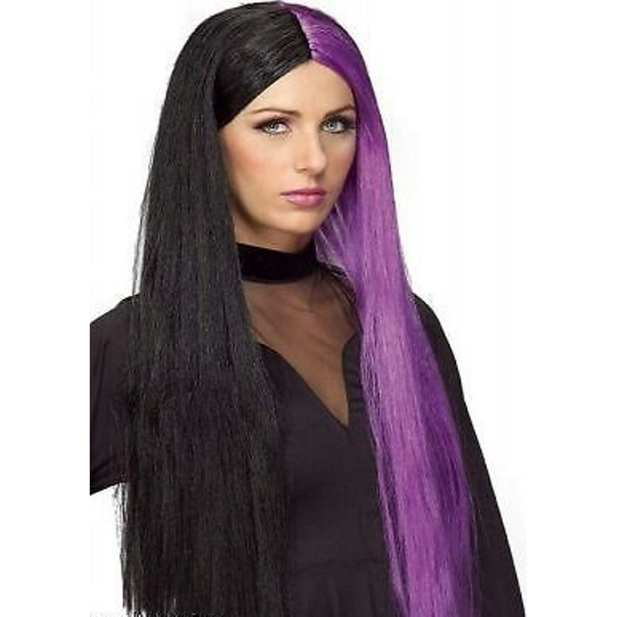 Black Purple Long Wig Witch Streaks Gothic Women S Halloween