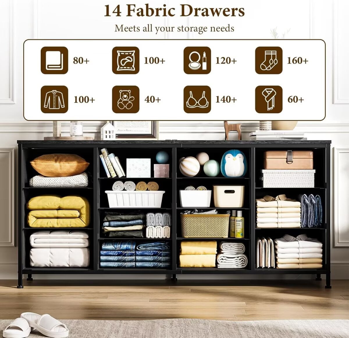 Dresser TV Stand for up to 75 Inch TV, 14 Drawer Dresser with Power Outlets & Wood Top, Long Fabric Dresser Organizer for Bedroom, Living Room, Entryway, Black