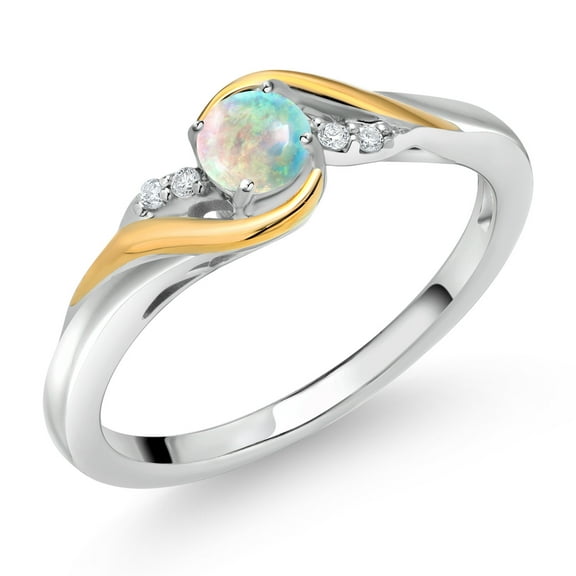 Gem Stone King 925 Sterling Silver and 10K Yellow Gold Round Cabochon White Simulated Opal and White Lab Grown Diamond Engagement Ring for Women (0.28 Cttw, Gemstone Birthstone, Size 7)