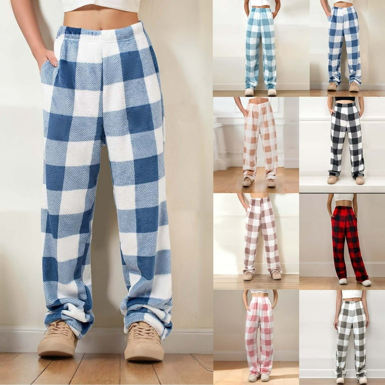 Yufatyle Womens Plaid Pajama Pants Fuzzy Flannel Wide Leg Sleep