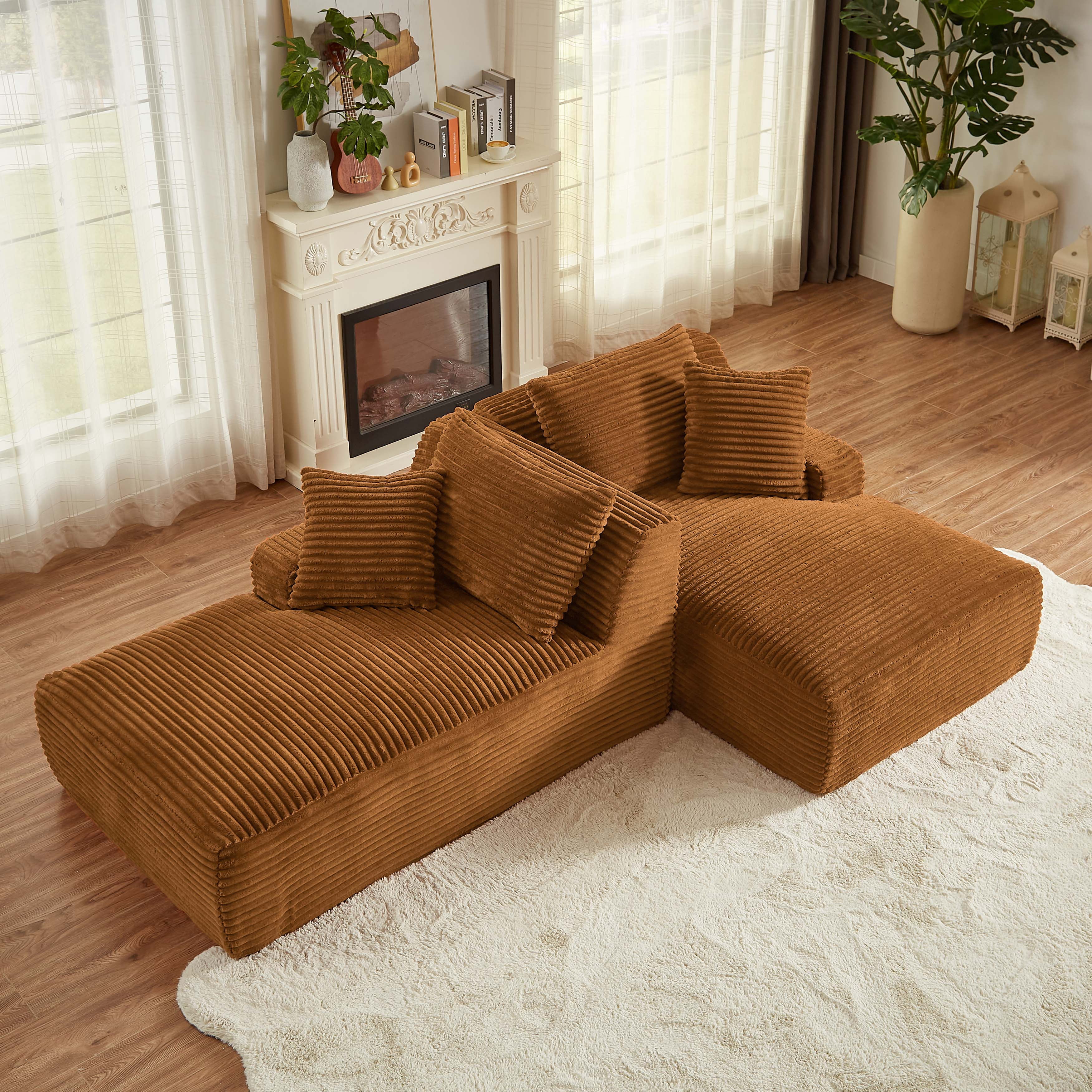 Miniyam Orange Compressible Double Chaise Lounge - No Assembly Required, Fluffy Modern Sleeper Loveseat for Indoor Living Room Bedroom Reading