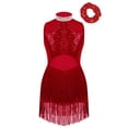 thumbnail image 2 of iixpin Girls Sequins Tassel Hem Dance Leotard Jazz Latin Tap Dance Dress Costumes Sleeveless Fringe Cocktail Dress Burgundy 8, 2 of 7