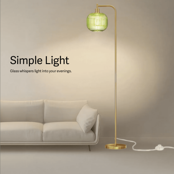 Glass Floor Lamp,67" Modern Standing Lamp with Green Ribbed Glass Lampshade Metal Pole for Living Room, Bedroom, Office - Heavy Base,Pedal Switch(Include E26 Bulb)