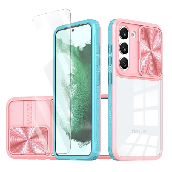 Allytechgroup Galaxy S22 Clear Case with Tempered Glass Screen Protector, Sliding Camera Lens Protector Anti-Yellow Shockproof Rugged Slim Fit Shell Cover for Samsung Galaxy S22, Pink