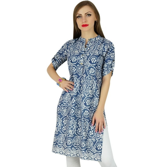 Bimba Women Blue Cotton Tunic Ethinc Summer Kurta Kurti Casual Day Blouse