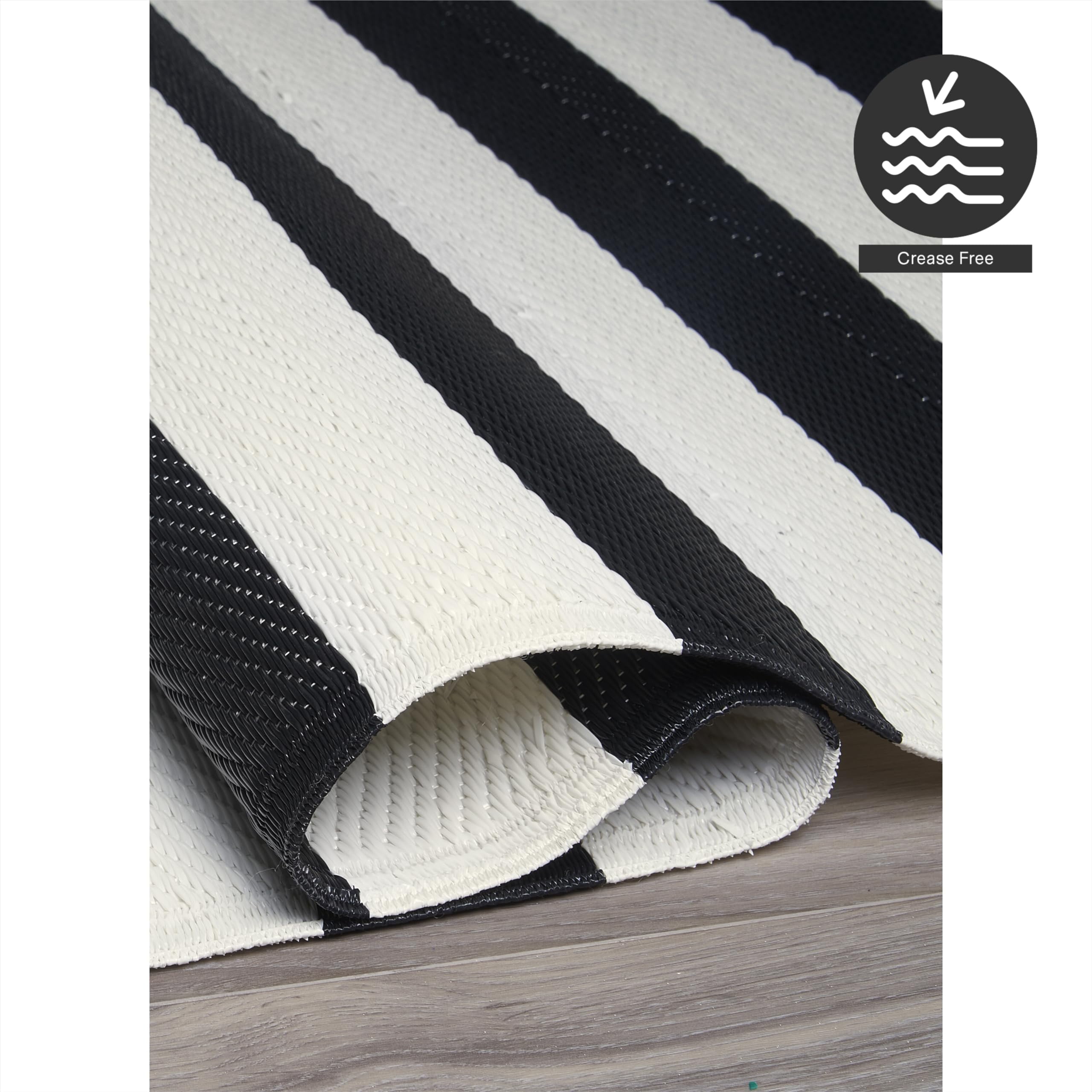 FH Home Outdoor Rug - Waterproof, Fade Resistant, Reversible - Premium Recycled Plastic - Striped - Porch, Deck, Balcony, Mudroom, Laundry Room, Patio - Brittany Stripe - Black & White - 3 x 5 ft