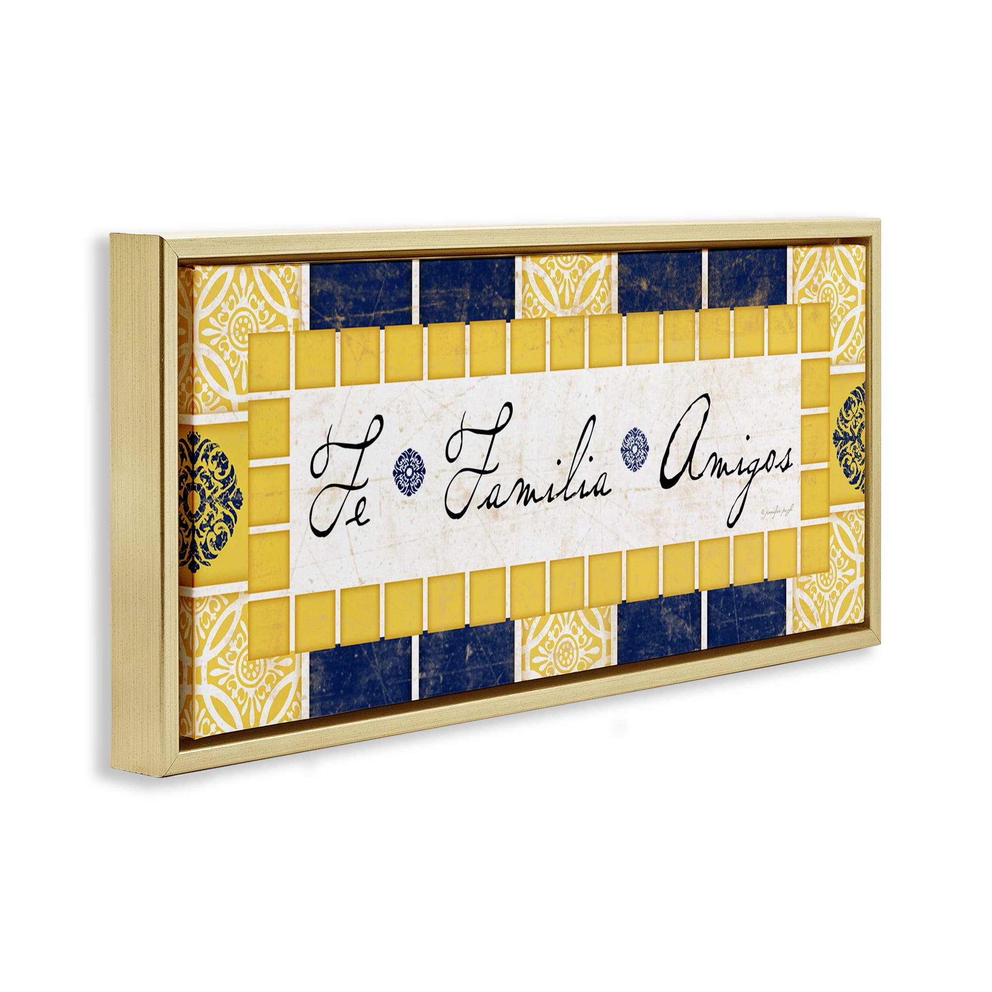 Stupell Industries Fe, Familia y Amigos Inspirational Quotes & Sayings Painting Gold Floater Framed Art Print Wall Art, 31 x 14