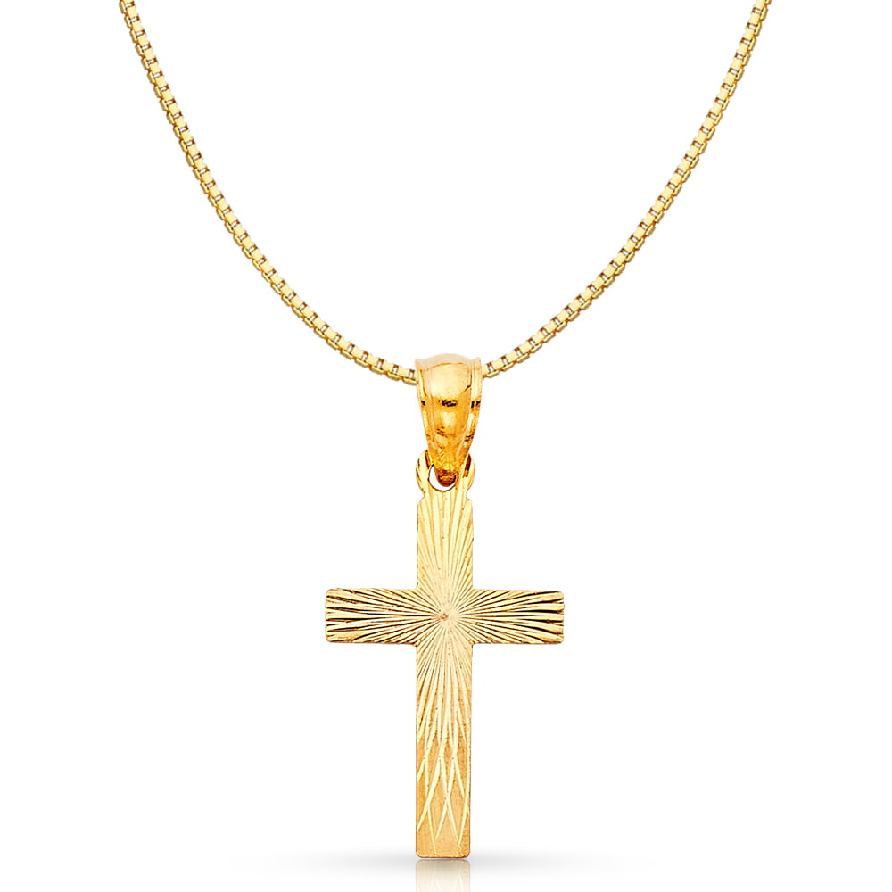 14K Yellow Gold Religious Crucifix Stamp Charm Pendant with 0.8mm Box Chain Necklace 