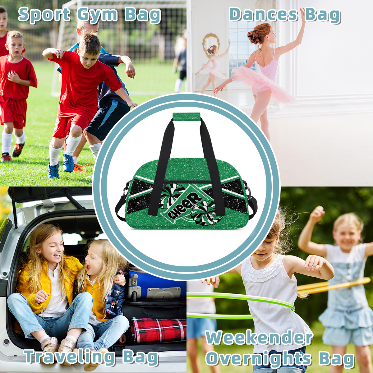Herdesigns Cheer Bag Sports Duffle Bags Cheerleader Green Gym Bag Weekender Travel Bag Waterproof Overnight Bag Carry On Travel Tote Bag Dance Bags